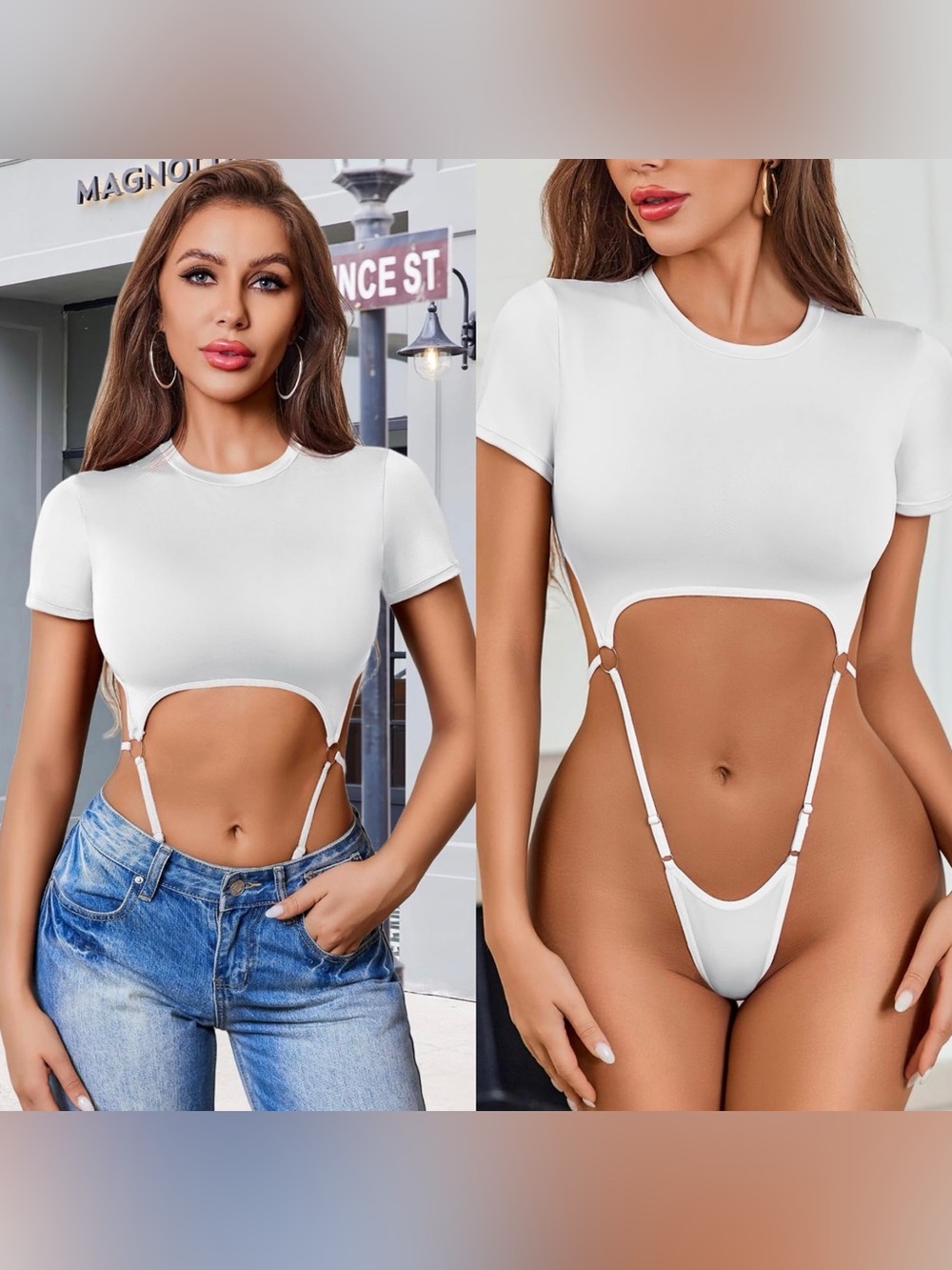 NWT Avidlove Women Cut Out Bodysuit Short Sleeve Crop Top White Medium